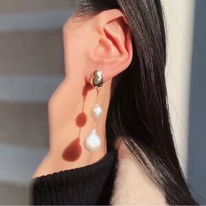 Anthropologie Silver and Pearl Asymmetric Earrings